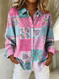 Women's Vintage Pink Floral Patchwork Print Casual Lapel Shirt