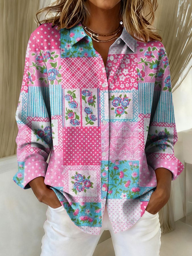 Women's Vintage Pink Floral Patchwork Print Casual Lapel Shirt