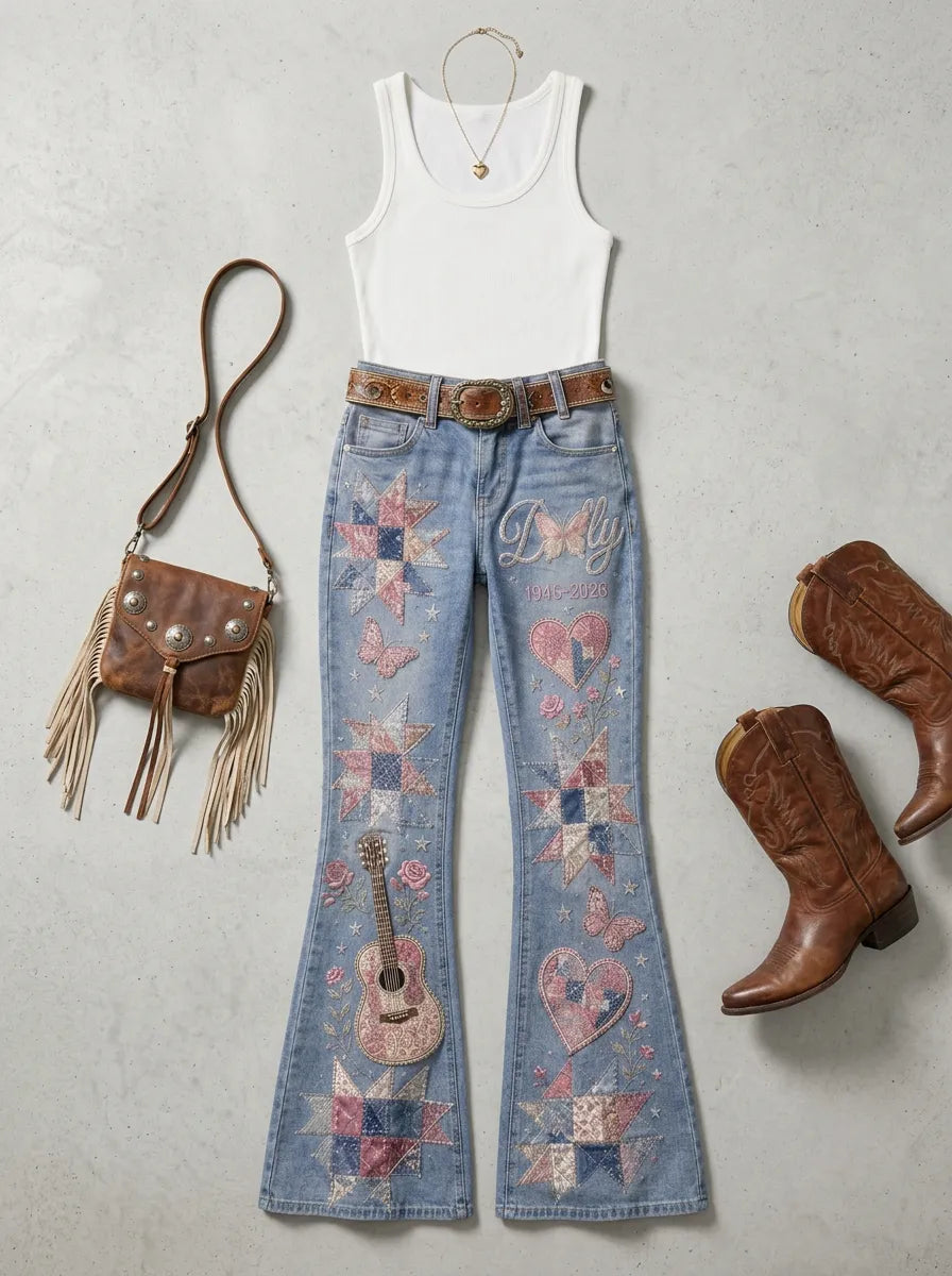 Women's Dolly Parton Guitar Butterfly Quilt Printed Flare Jeans