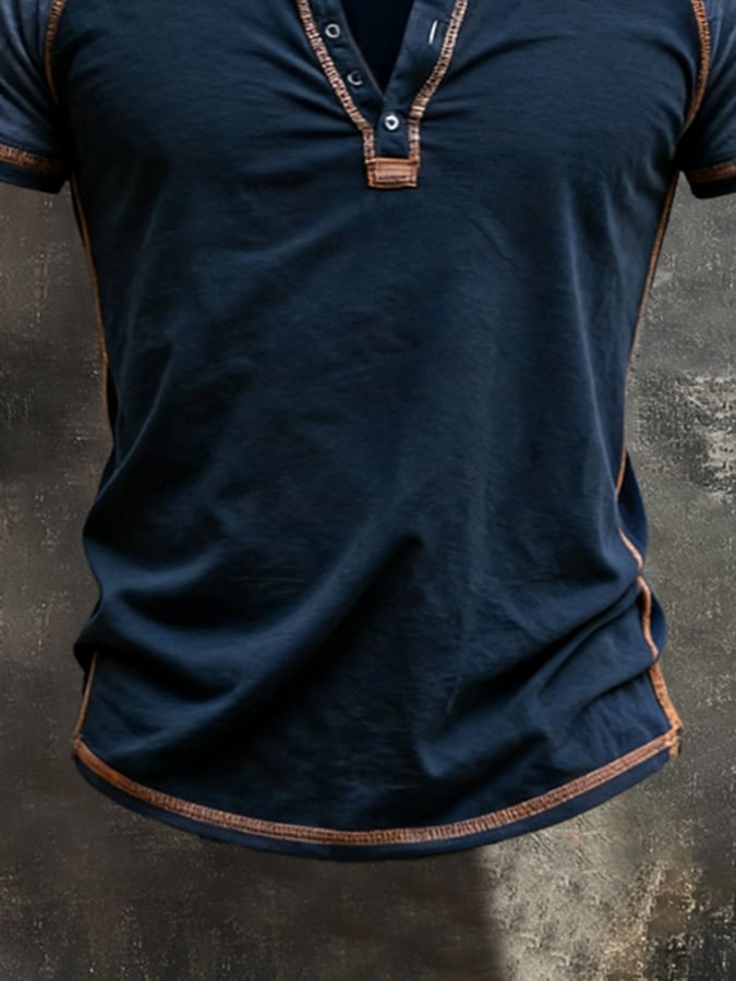 Men's Retro Color-Block Short-Sleeve Henley Shirt