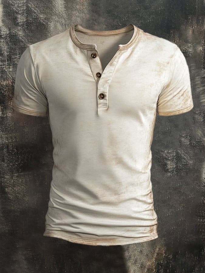 Men's casual vintage style Henley shirt with washed print and short sleeves