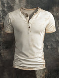 Men's casual vintage style Henley shirt with washed print and short sleeves
