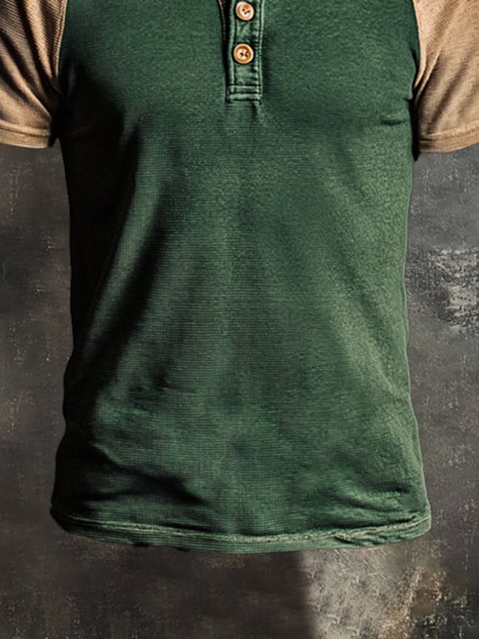 Men's casual retro wash colorblock short sleeve Henley T-shirt
