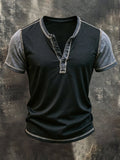 Men's Retro Color-Block Short-Sleeve Henley T-Shirt