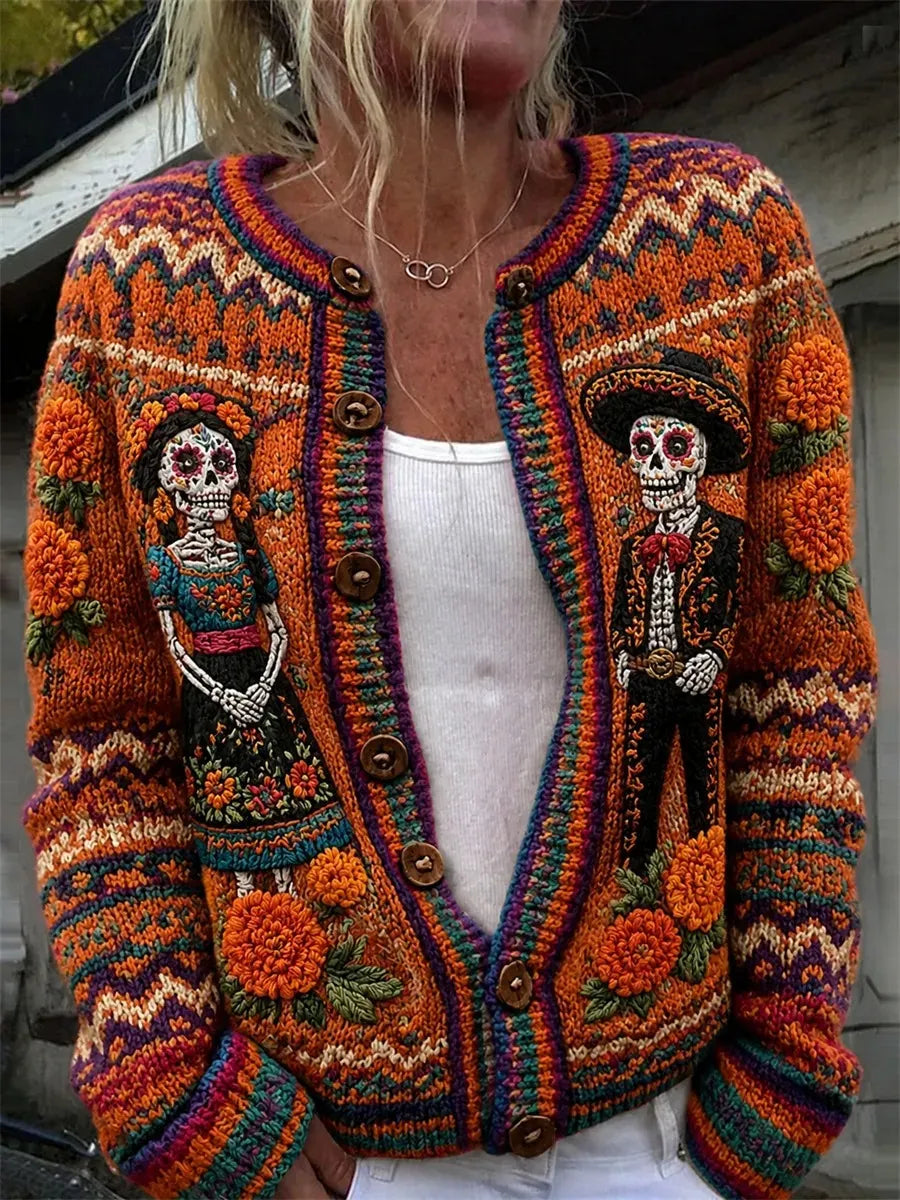 Women's Day Of The Dead Lovers Skeleton Marigold Geometric Blocks Pattern Print Knit Cardigan