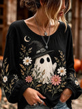 Women's Halloween Cute Ghost And Floral Print Casual Long-sleeve T-shirt