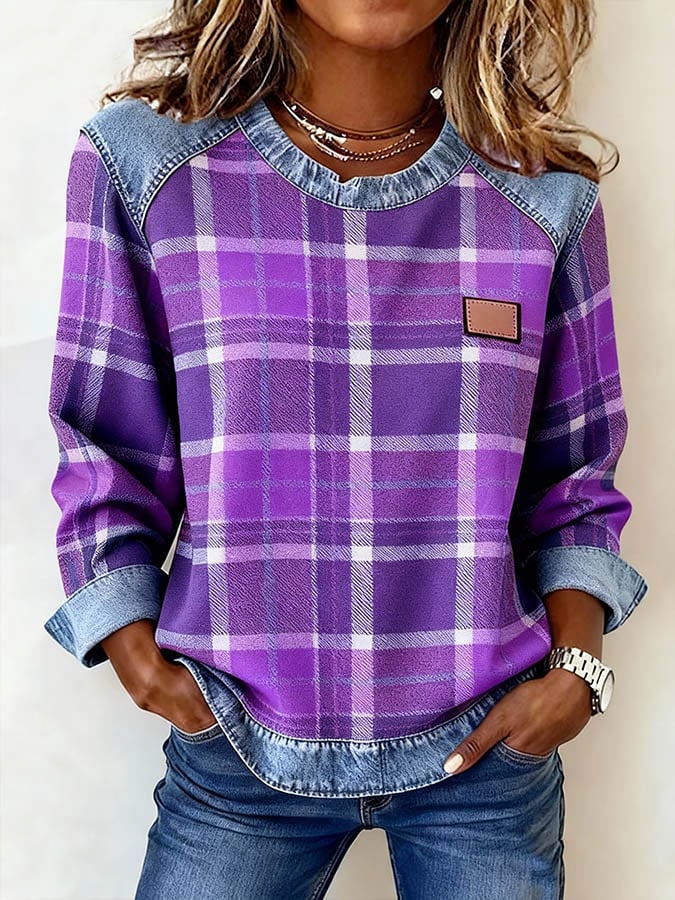 Women'S Casual Round Neck  Patchwork Plaid Print Pullover Sweatshirt