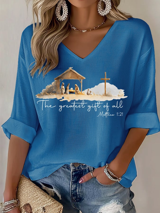 V-Neck Retro Christmas The Greatest Gift Of All Is Jesus Matthew 1:21 Print T-Shirt