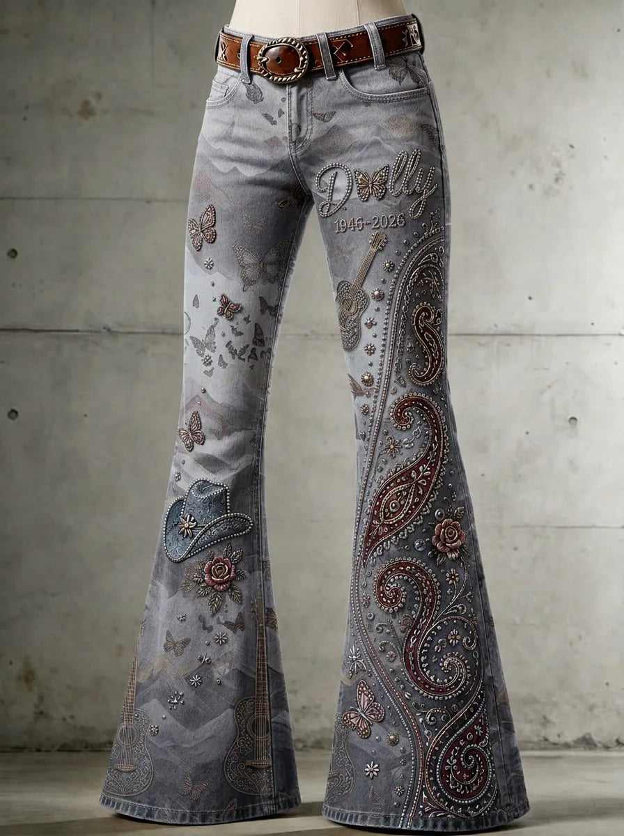 Women's Dolly Parton Butterfly Guitar Paisley Printed Flare Pants