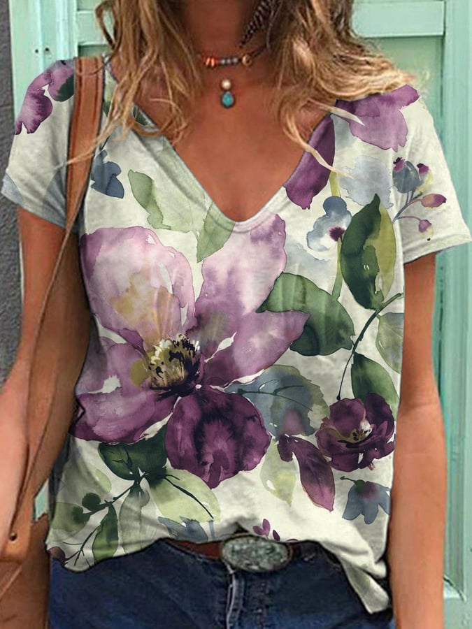 Women's Retro Botanical Floral Design Print T-Shirt