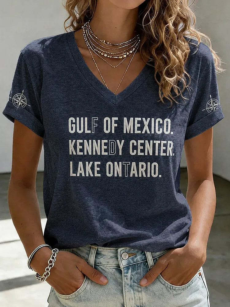 V Neck Retro Fdt Gulf Of Mexico. Kennedy Center. Lake Ontario. Print T-shirt