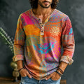 Men's Psychedelic Mandala Tie-Dye Swirl Print Henry Collar Long Sleeve T-Shirt
