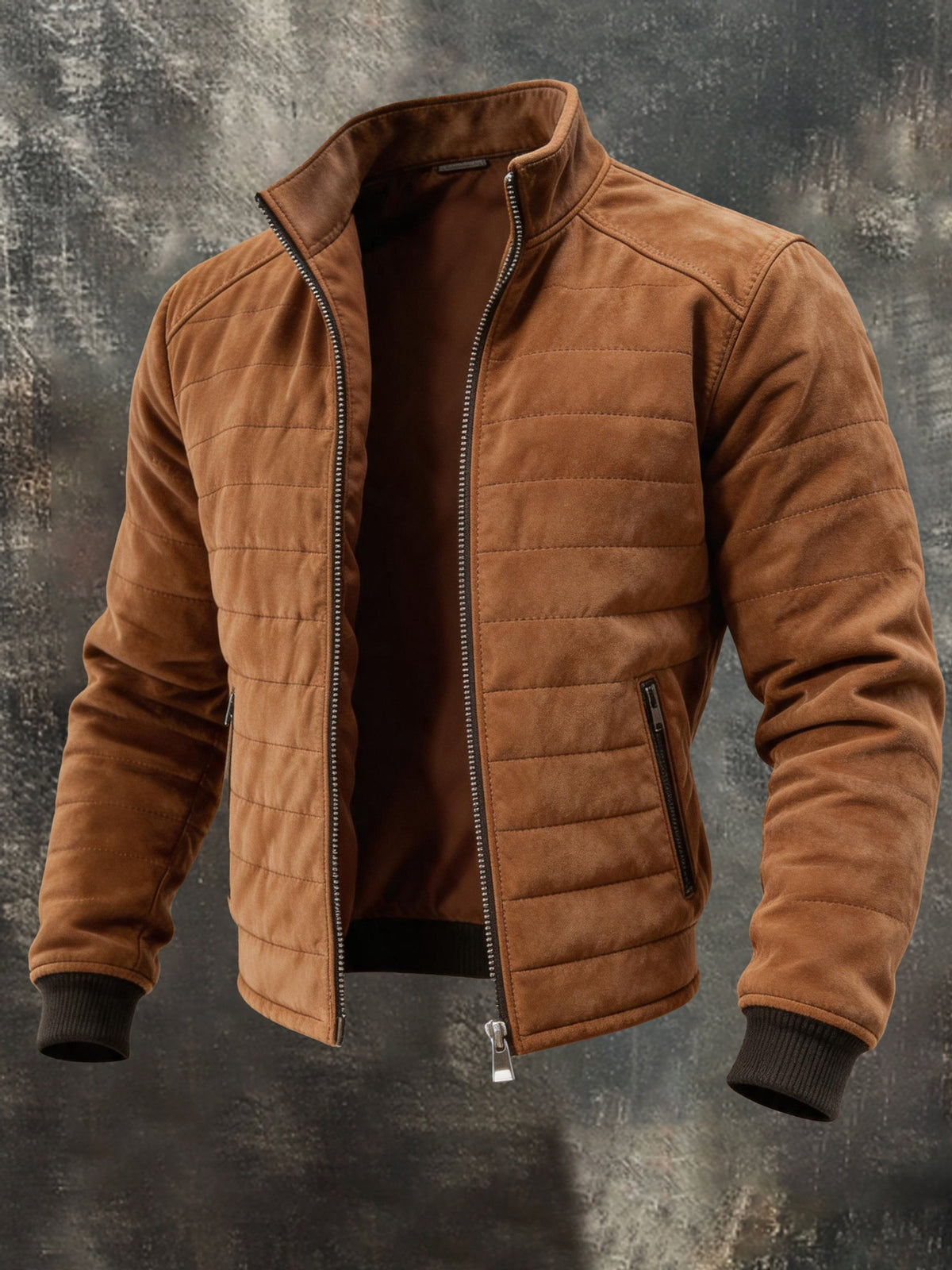 Men’s Vintage-Style Quilted Stand-Collar Suede-Effect Jacket