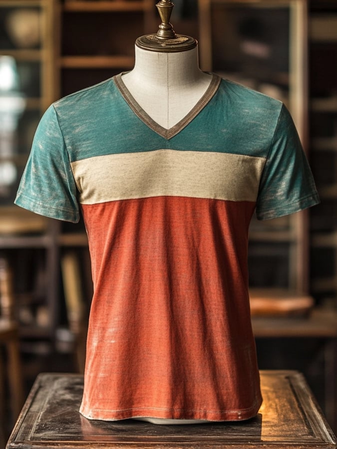 Men's vintage-look colorblock V-neck short-sleeved T-shirt