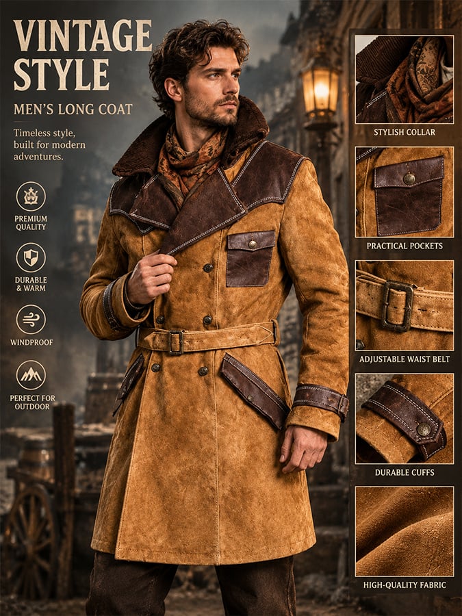 Men's Stylish Vintage-Style Faux Suede Mid-Length Trench Coat