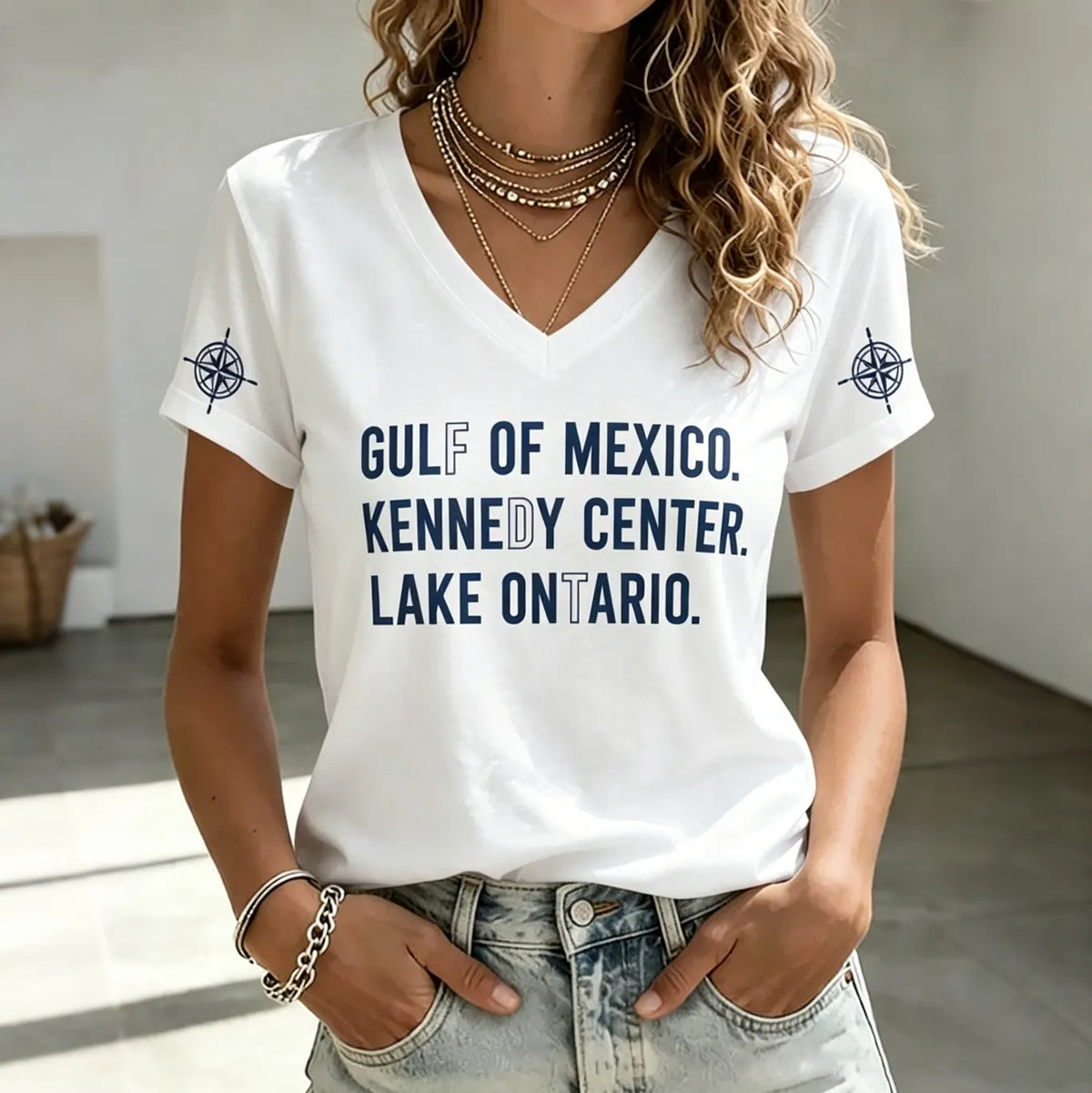 V Neck Retro Fdt Gulf Of Mexico. Kennedy Center. Lake Ontario. Print T-shirt
