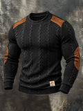 Men's Retro Textured Cable-Knit & Faux Suede Color-Block Sweatshirt