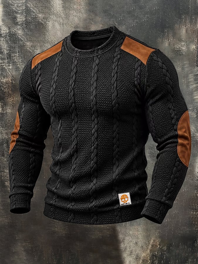 Men's Retro Textured Cable-Knit & Faux Suede Color-Block Sweatshirt