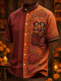Men's Day Of The Dead Rich‐Toned Blooms Framing Skeleton Pair Print Stand Collar Short Sleeve Shirt