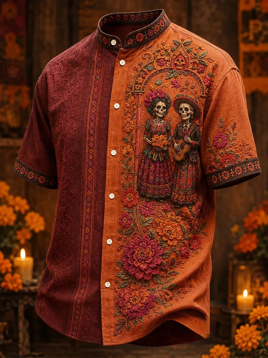 Men's Day Of The Dead Rich‐Toned Blooms Framing Skeleton Pair Print Stand Collar Short Sleeve Shirt
