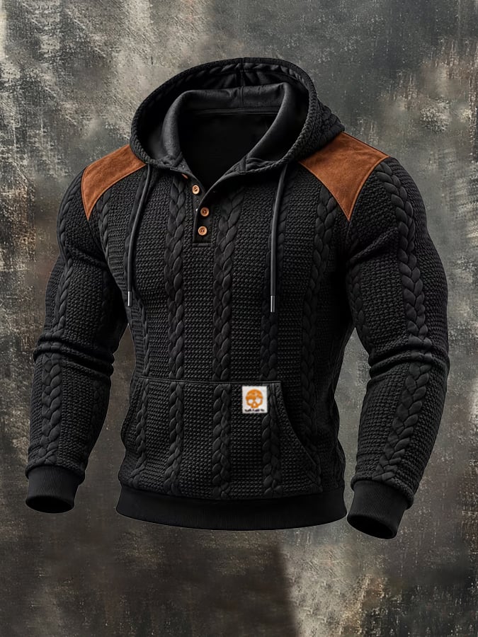 Men's Retro Textured Cable-Knit & Faux Suede Panel Hoodie
