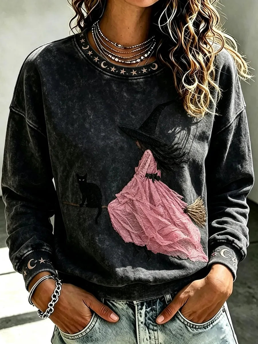 Women's Pink Witch-Themed Print Casual Sweatshirt