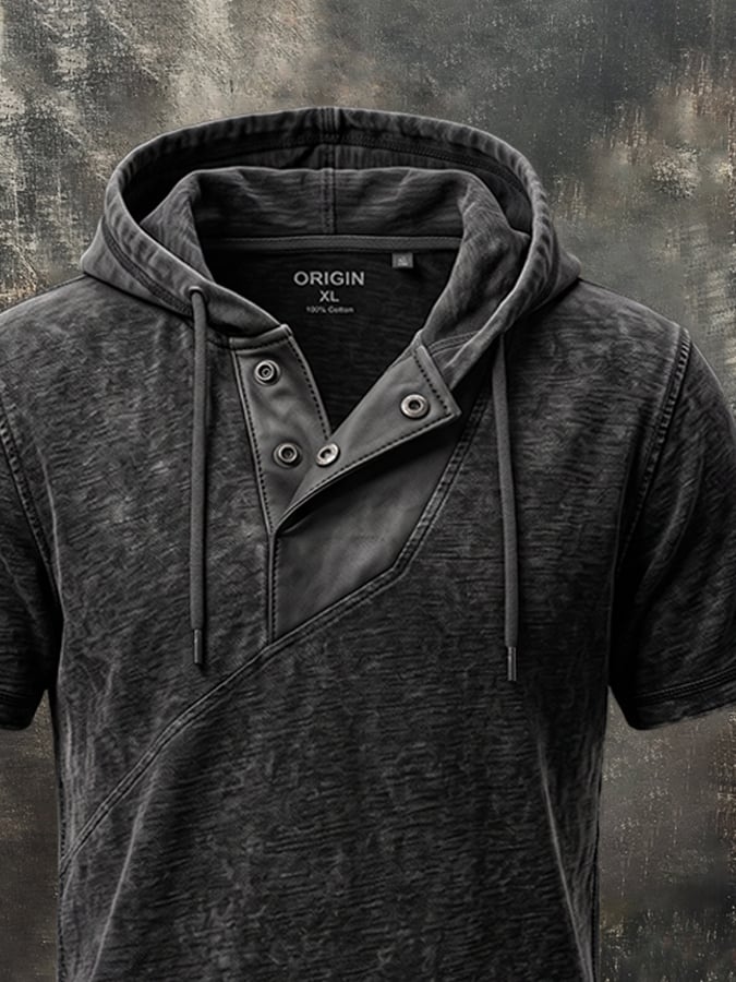 Men's Vintage Cotton-Leather Panel Hooded T-Shirt