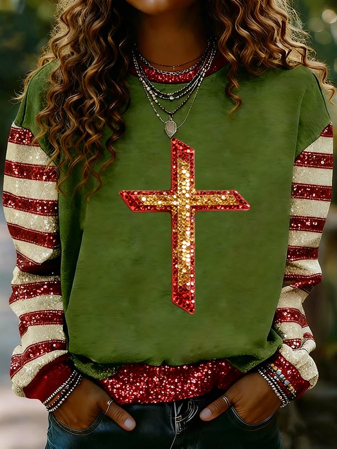 Women's Nativity Faith Art Print Casual Crew Neck Sweatshirt