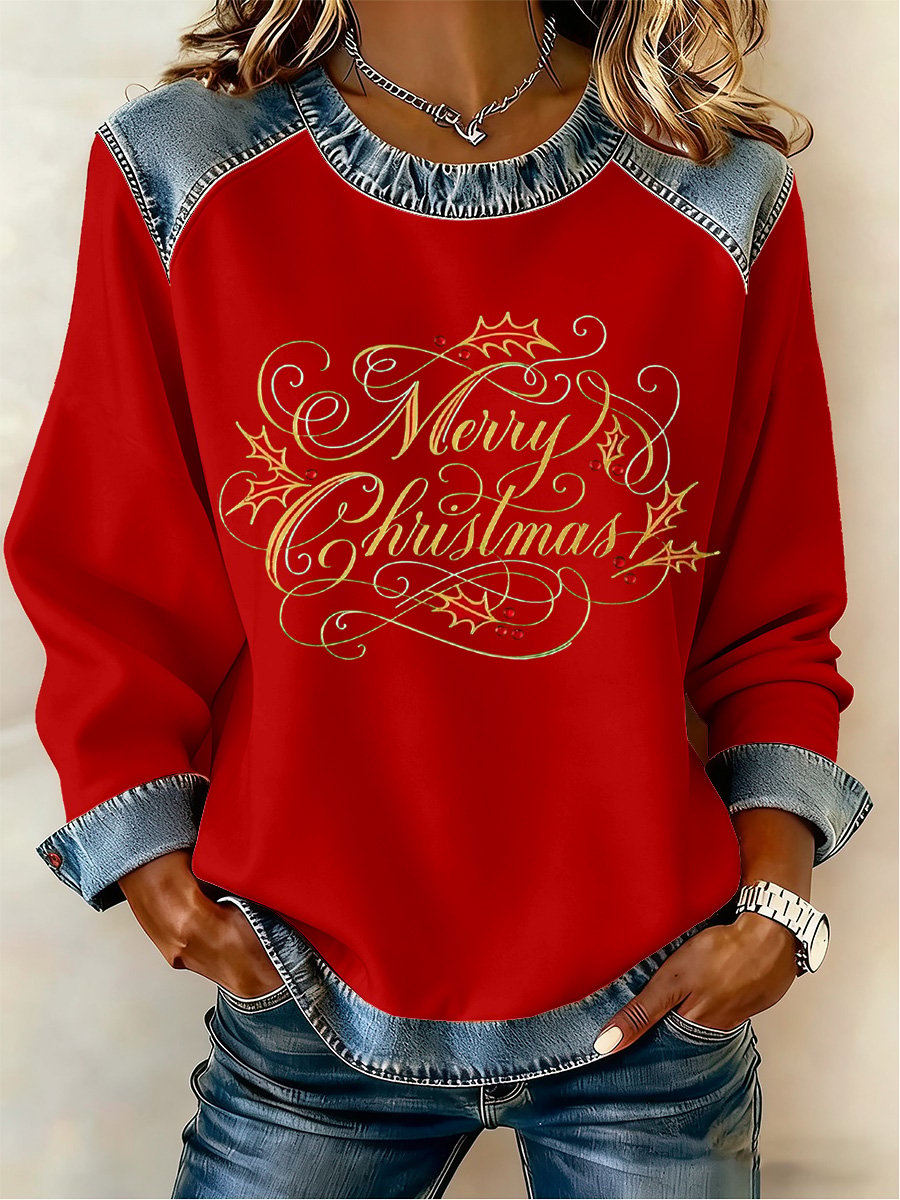 Women's Christmas Print Crew Neck Long Sleeve Top