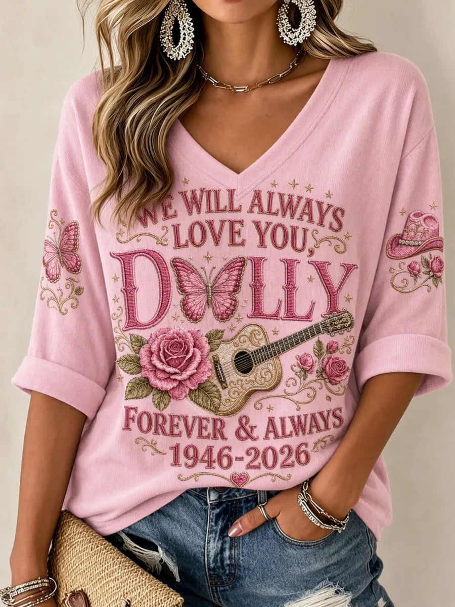 Women'S Commemorative Printed Waffle V-Neck Top