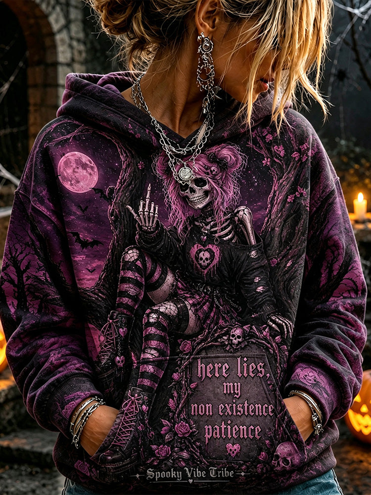 Vintage Distressed Pink And Purple Halloween Gothic Skull Girl Eerie Moon Bat Pattern Hoodie