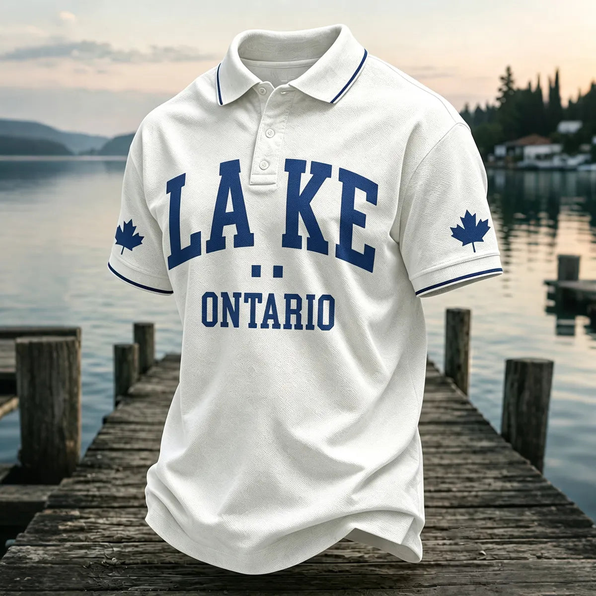 Men's Retro Lake Ontario Print Short Sleeve Polo Shirt
