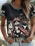 Women'S Independence Day Cat Art Printed T-Shirt