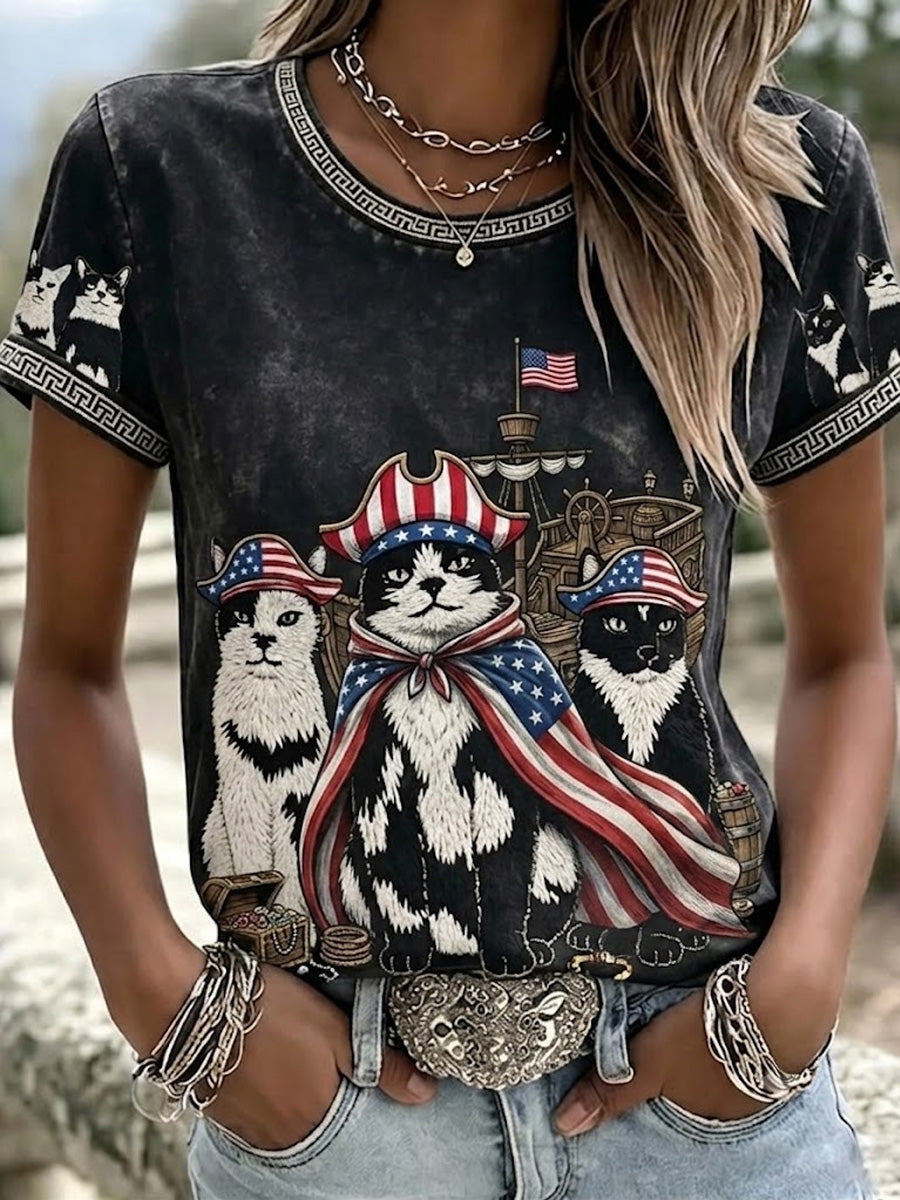 Women'S Independence Day Cat Art Printed T-Shirt