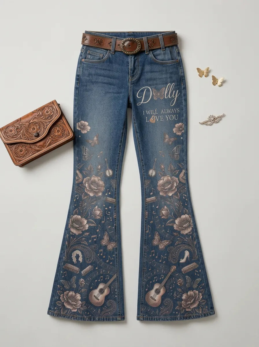 Women's Dolly Parton Butterfly Floral Guitar Printed Flare Jeans