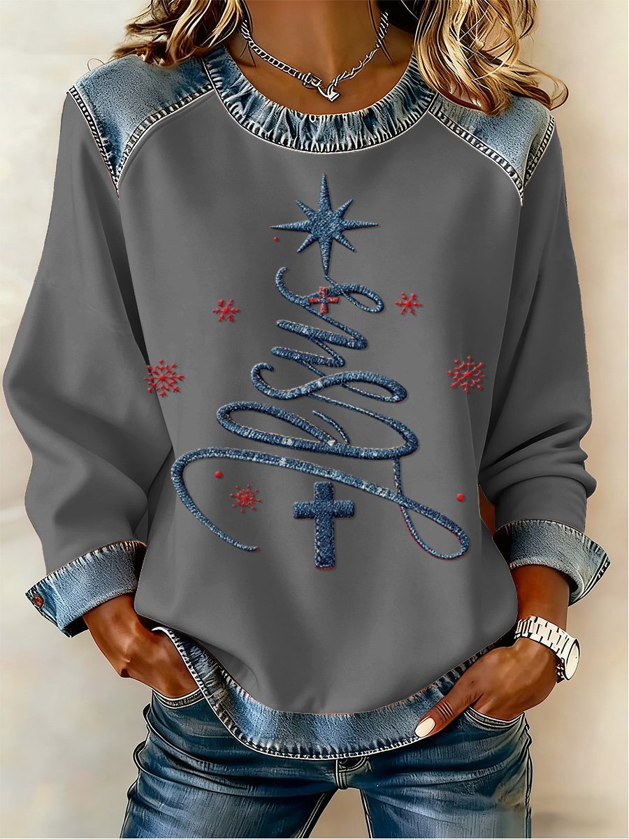 Women's Casual Retro Faith Christmas Tree Sweatshirt