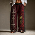 Men's Gothic Wide-leg Pants - Skulls, Red Flames And Chained Crosses Print Casual Trousers