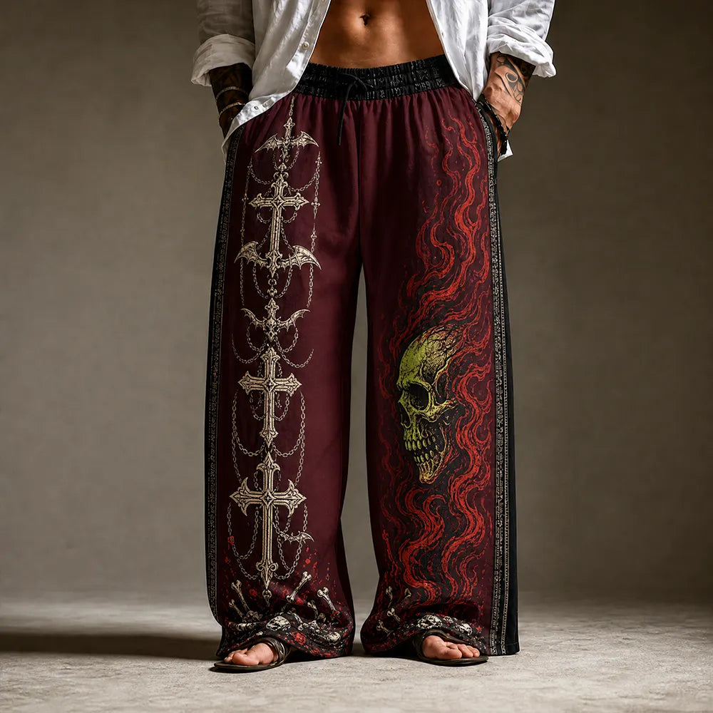 Men's Gothic Wide-leg Pants - Skulls, Red Flames And Chained Crosses Print Casual Trousers
