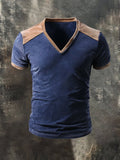 Men's casual short-sleeved T-shirt with retro stitching and contrast color