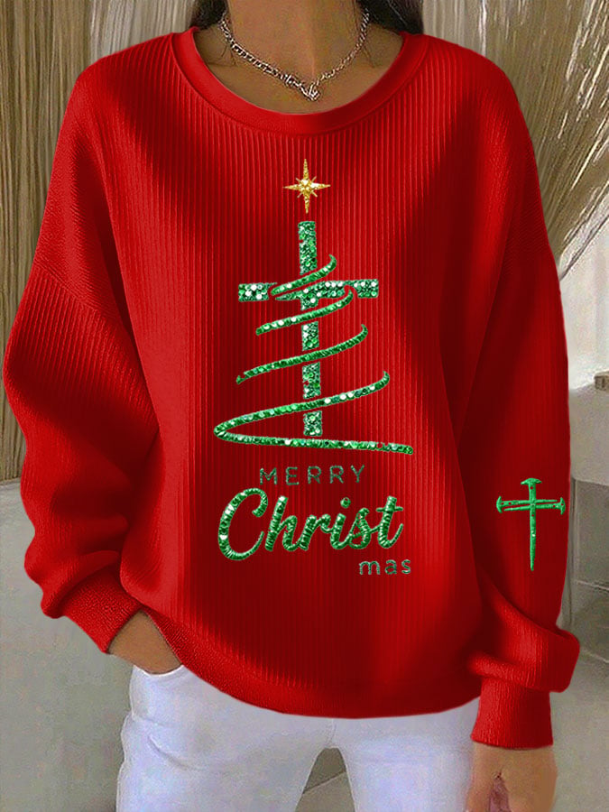 Women's Merry Christmas Faith Print Knit Crew Neck Long Sleeve Top