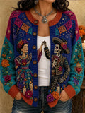 Women's Day Of The Dead Skeleton Couple Floral Pattern Print Knit Cardigan