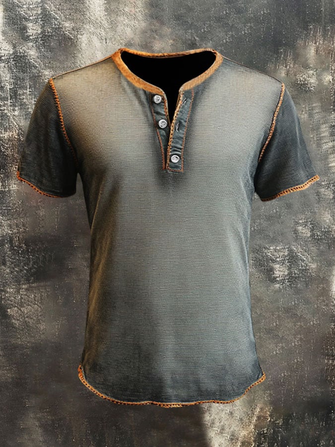Men's casual Henley short sleeve t-shirt in retro press design