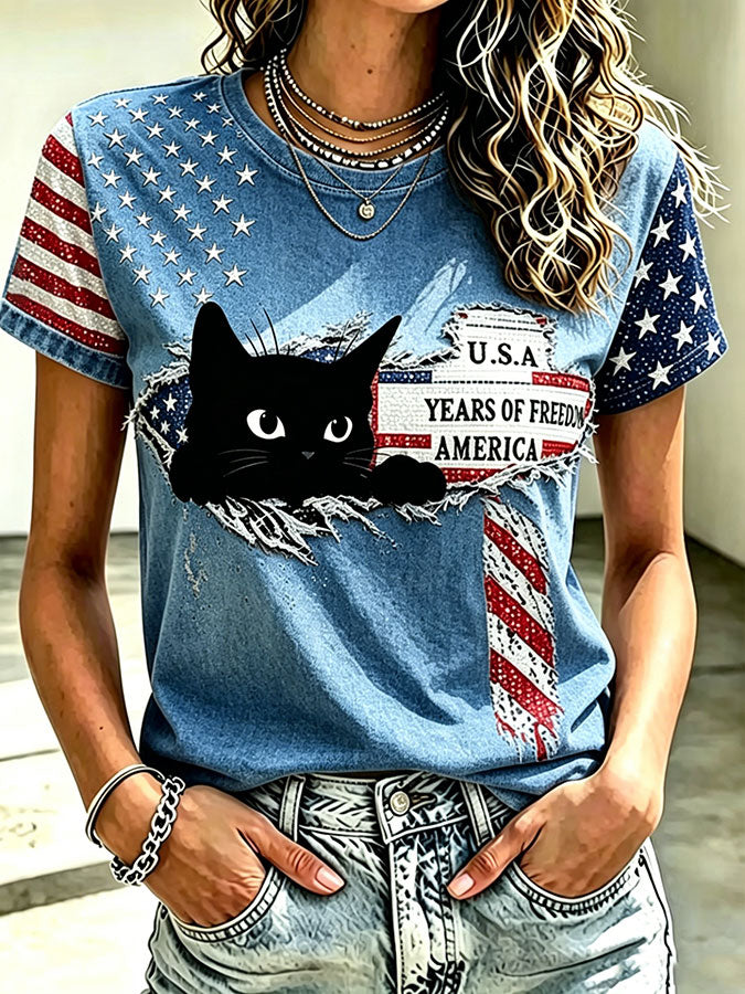 Women's USA Cat Printed Casual T-shirt