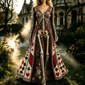 Women's Retro Halloween Gothic Skeleton Floral Poker Pattern Print V-neck Maxi Dress