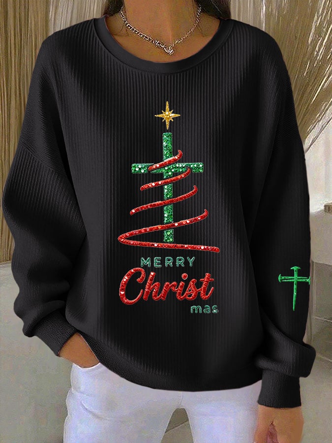Women's Merry Christmas Faith Print Knit Crew Neck Long Sleeve Top