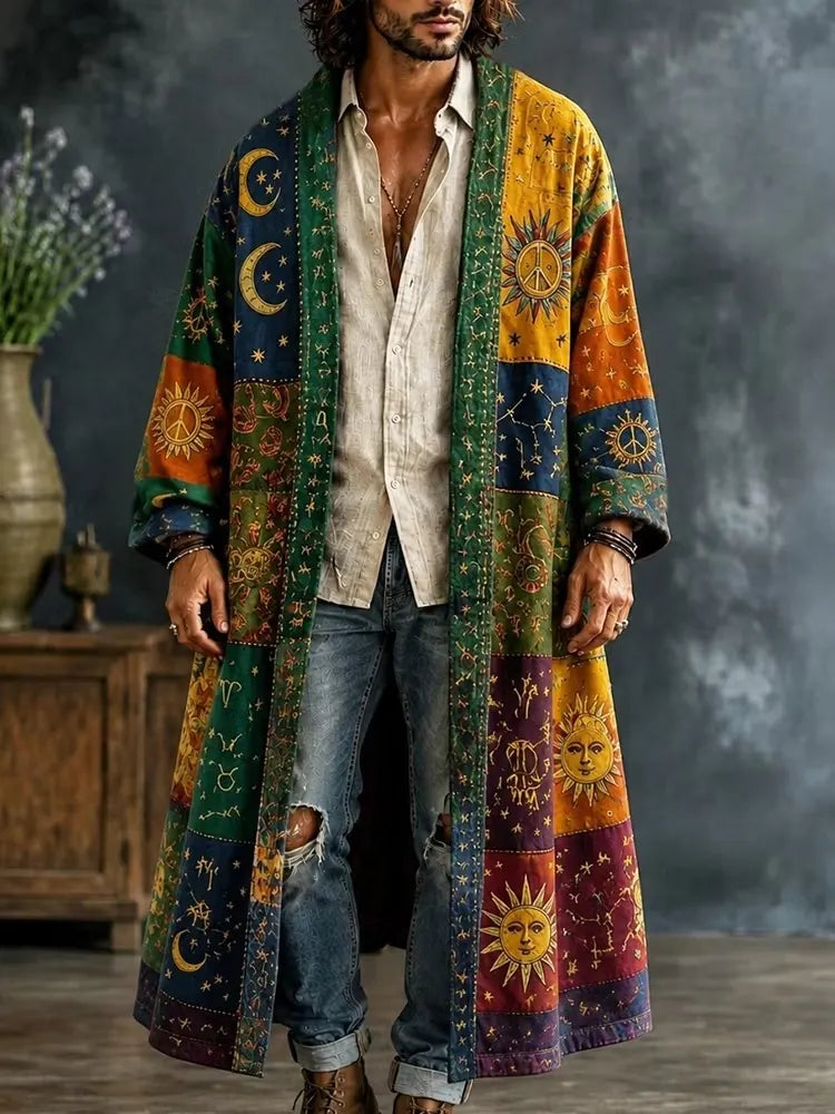 Men's Patchwork Zodiac Sign Crescent Star Motifs Print Kimono Cardigan