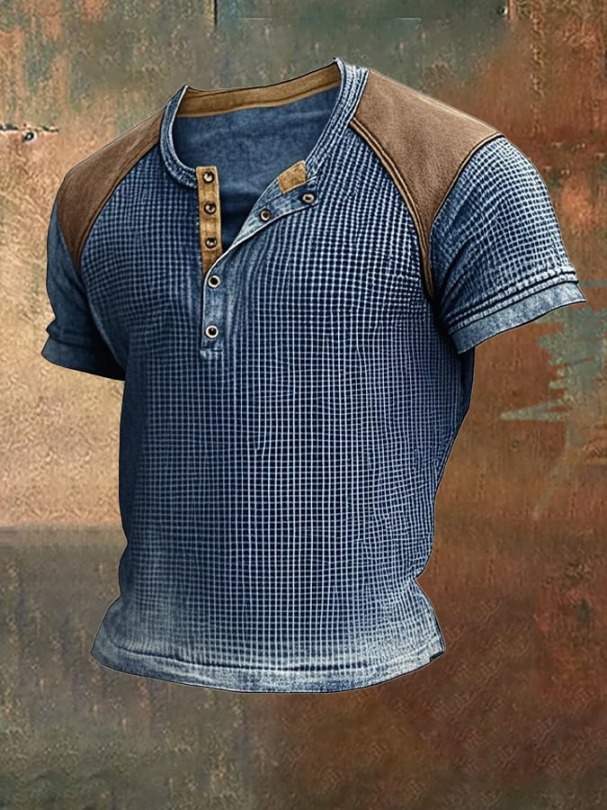 Men's Vintage Distressed Waffle Henry Short Sleeve T-Shirt