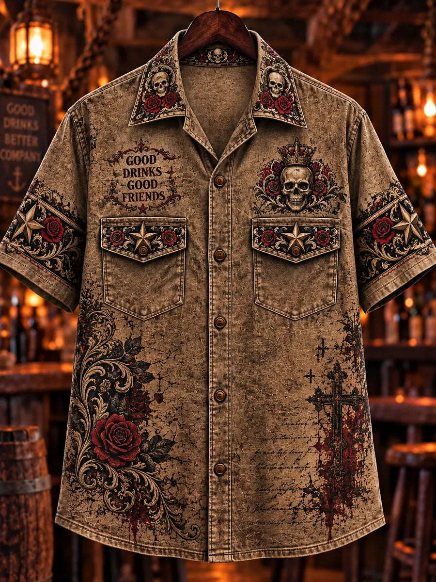 Men’s Vintage  "LOST IN LIFE, FOUND AT THE BAR," Skull Printed Short Sleeve Shirt