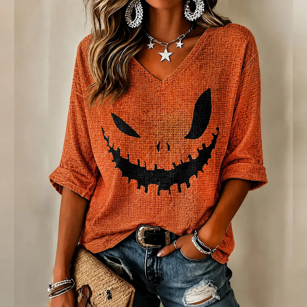 Women's Halloween Pumpkin Face Art Waffle Casual V-neck Short Sleeve Top