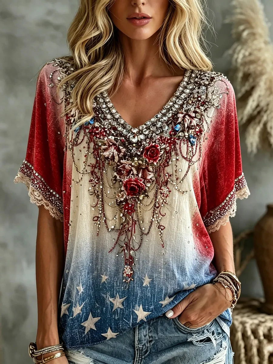 Women's Bohemian Style V-neck Top With American Flag And Floral Embroidery Print